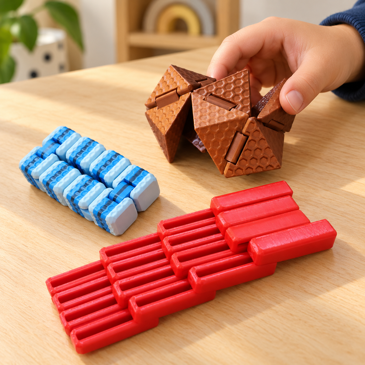 R$35 fidget toy assortment: brown hinged geometric puzzle, blue and white segmented fidget, and red articulated slider in a children's play setting.