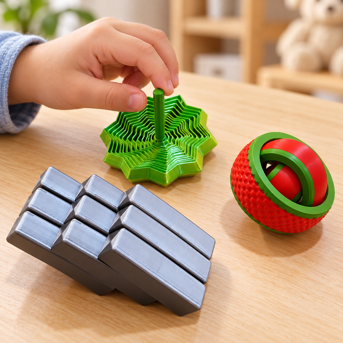R$25 fidget toy assortment: green star spinner, red and green fidget ball, and silver segmented fidget toy in a children's play setting.